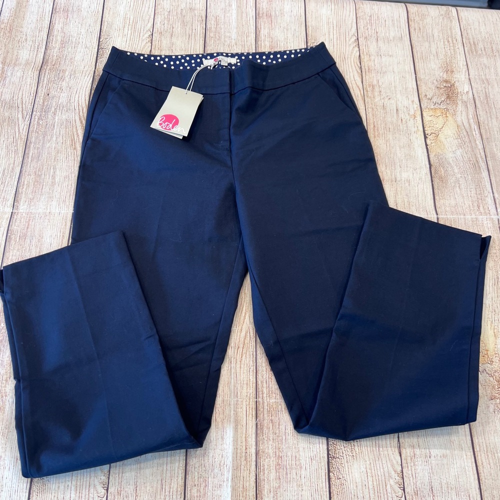 Boden Navy Blue T0114 Straight Leg Trousers Polka Dot Lining Womens US 6R NEW